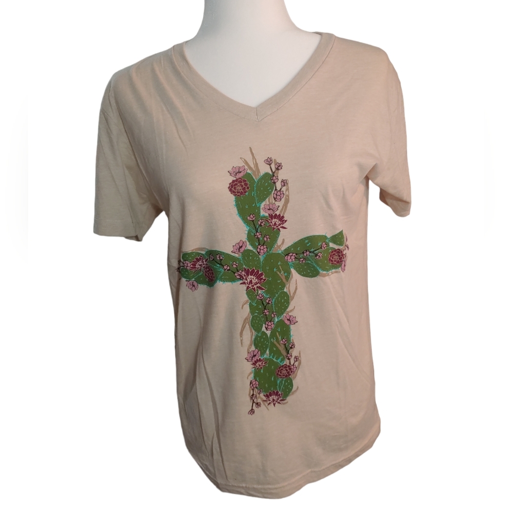 CRAZY TRAIN Cactus Cross Speckled Tan Women's Vneck Graphic Tee Size Small
